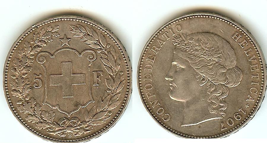 Swiss 5 Francs 1907B good Extremely Fine